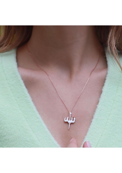 Allah Yazılı Beyaz Mine Işli Mini Zirkon Taşlı Rose Gold Kaplama Gümüş Kolye