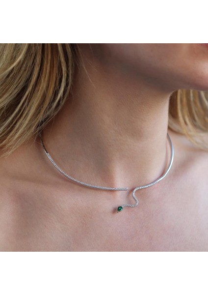 Yeşil Zirkon Taşlı Serpent Choker Gümüş Kolye