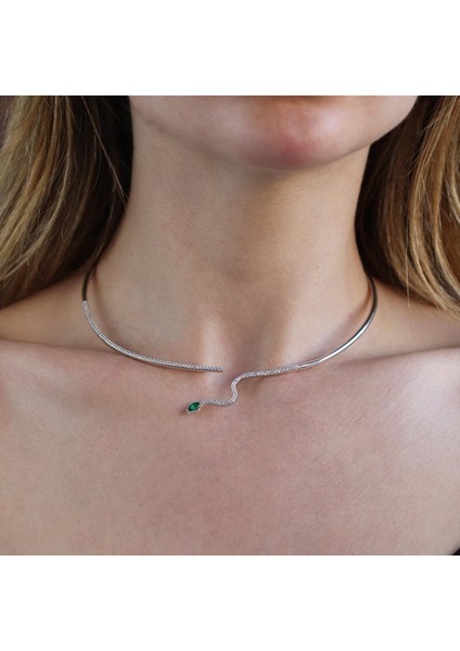 Yeşil Zirkon Taşlı Serpent Choker Gümüş Kolye