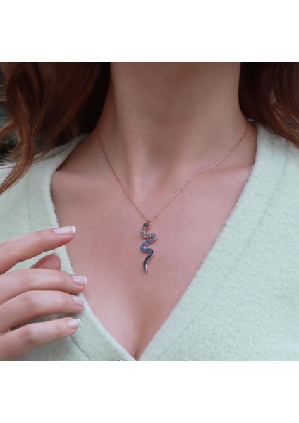 Siyah Gözlü Rose Gold Kaplama Yılan Gümüş Kolye fiyatları