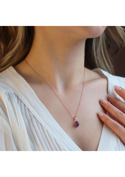 Ametist Doğal Taş Rose Gold Kaplama Gümüş Kolye