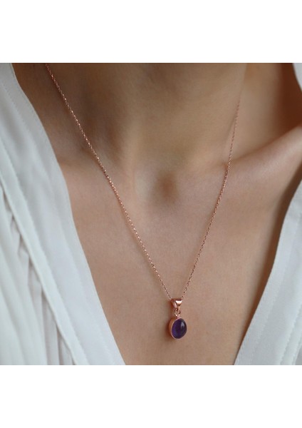 Ametist Doğal Taş Rose Gold Kaplama Gümüş Kolye