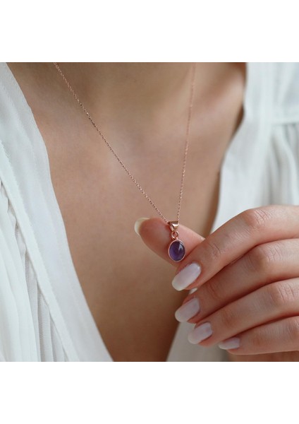 Ametist Doğal Taş Rose Gold Kaplama Gümüş Kolye