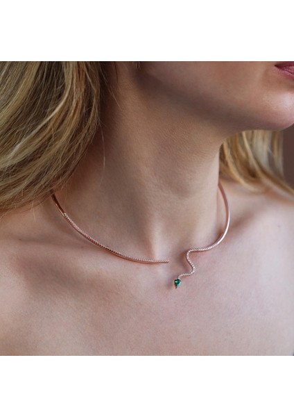 Yeşil Zirkon Taşlı Rose Gold Kaplama Serpent Choker Gümüş Kolye