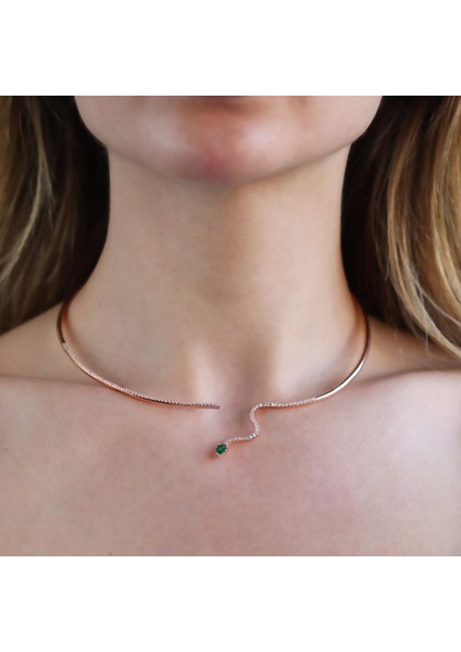 Yeşil Zirkon Taşlı Rose Gold Kaplama Serpent Choker Gümüş Kolye