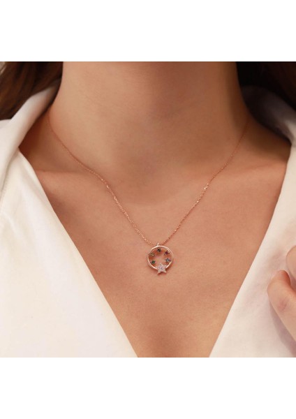 Yıldız Hilal Renkli Zirkon Taşlı Rose Gold Kaplama Gümüş Kolye