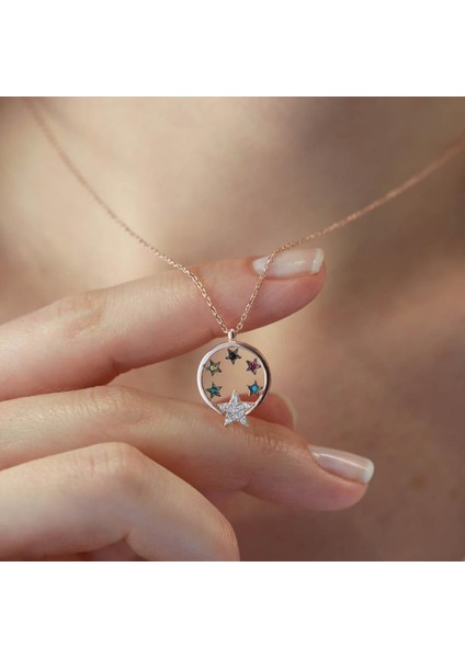 Yıldız Hilal Renkli Zirkon Taşlı Rose Gold Kaplama Gümüş Kolye modelleri