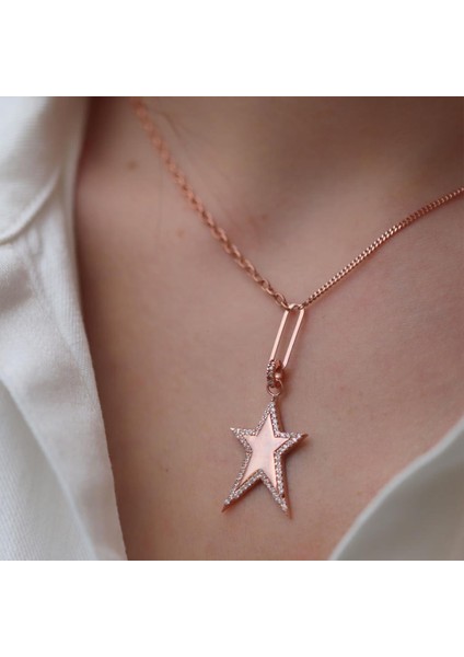 Yıldız Model Taşlı Rose Gold Kaplama Gümüş Kolye