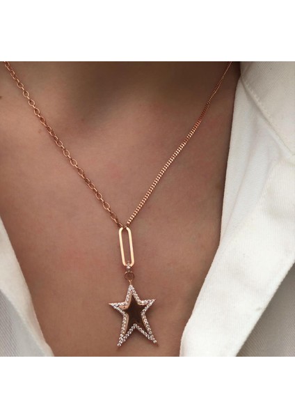 Yıldız Model Taşlı Rose Gold Kaplama Gümüş Kolye modelleri