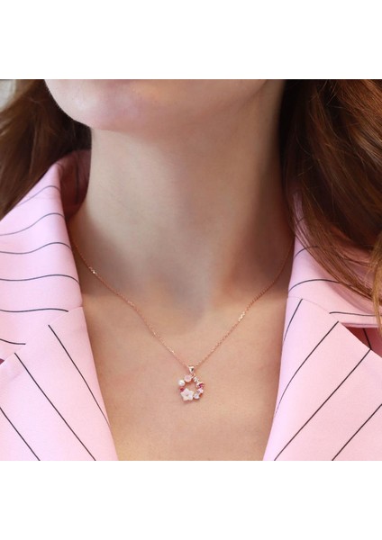 Inci ve Çiçek Motifli Rose Gold Kaplama Gümüş Kolye