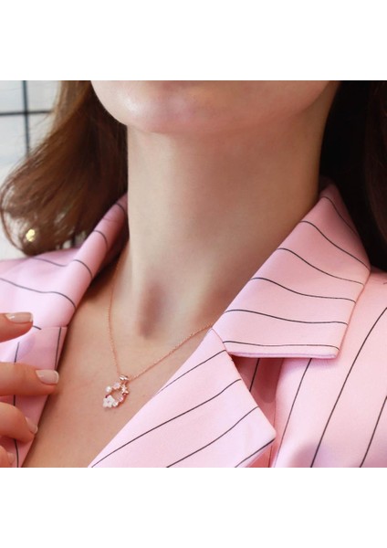 Inci ve Çiçek Motifli Rose Gold Kaplama Gümüş Kolye