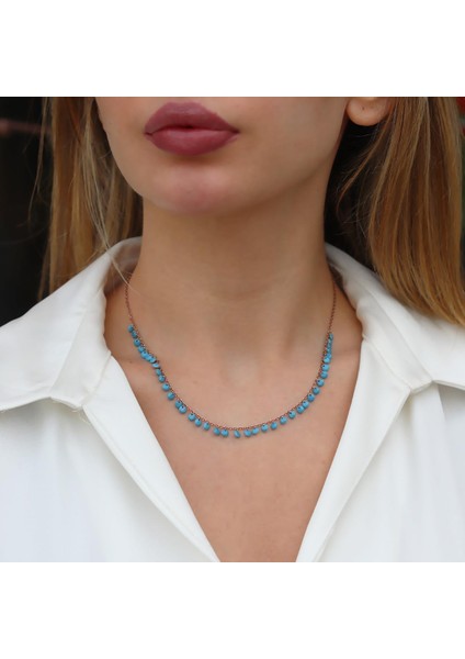 Sıra Turkuaz Taşlı Rose Gold Gümüş Kolye
