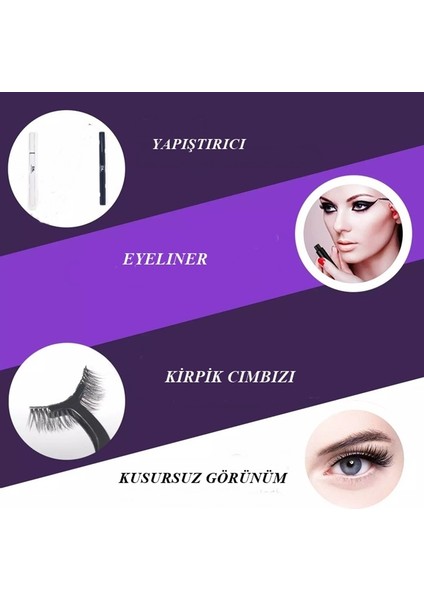 6'lı Takma Kirpik Seti 2 Adet Sihirli Şeffaf ve Siyah Eyeliner Yapıştırıcı Takma Apartı Hediye