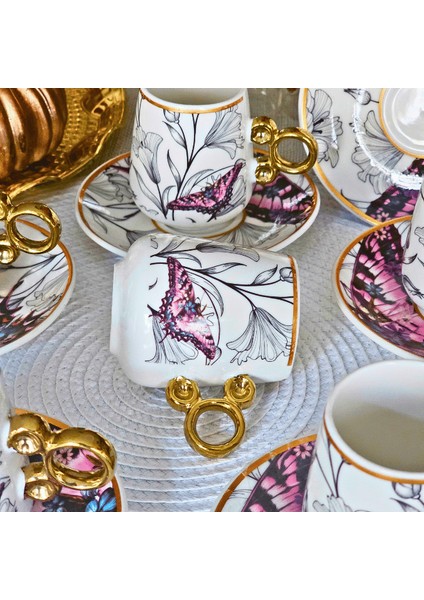 Floral Renkli Yaldızlı 6 Kişilik Kahve Fincan Takımı POR-101737