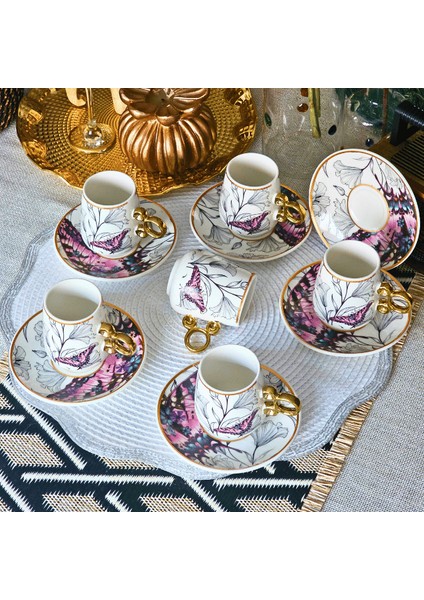 Floral Renkli Yaldızlı 6 Kişilik Kahve Fincan Takımı POR-101737