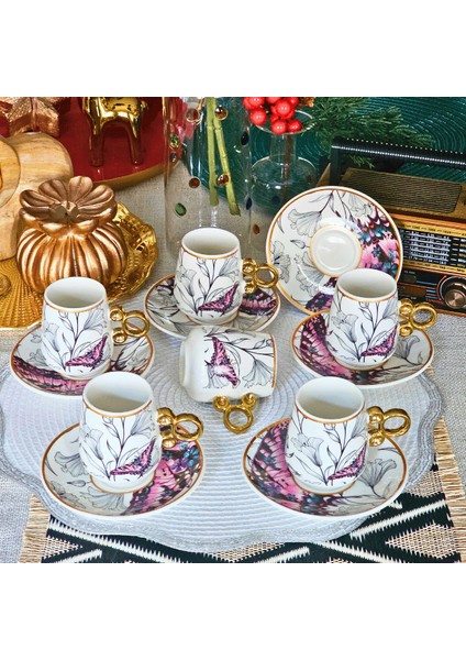 Floral Renkli Yaldızlı 6 Kişilik Kahve Fincan Takımı POR-101737