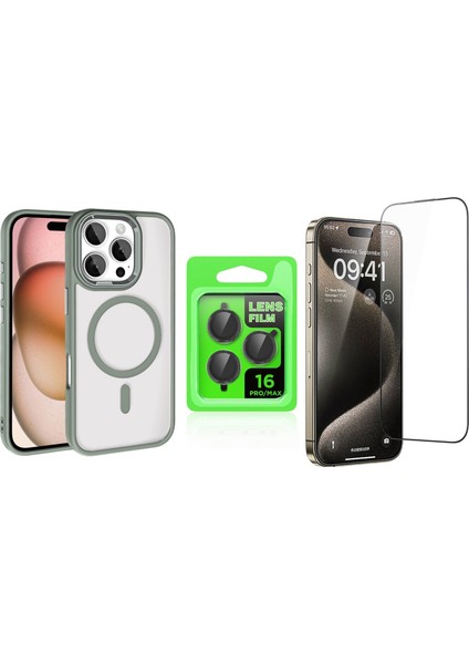 iPhone 16 Pro Kılıf Wireless Şarj Özellikli Zore Krom Magsafe Silikon Kapak + Ekran Koruyucu + Kamera Lens Koruyucu Set