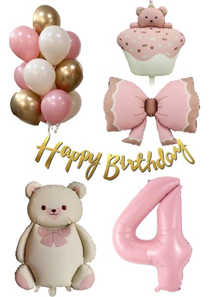 Retro 4 Yaş Ayıcık Temalı Kız Bebek Konsept Doğum Günü Seti