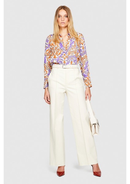 Sisley Geniş Paça Yüksek Belli Saten Pantolon Kadın Bej Pantolon - 323A4ZY7LF03L