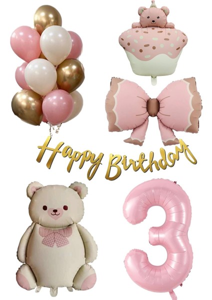 Retro 3 Yaş Ayıcık Temalı Kız Bebek Konsept Doğum Günü Seti