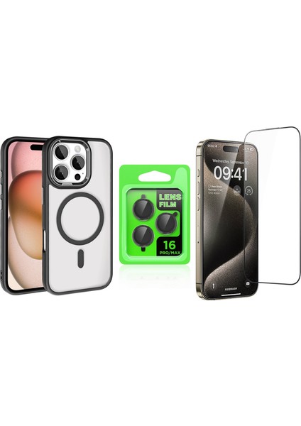 iPhone 16 Pro Kılıf Wireless Şarj Özellikli Zore Krom Magsafe Silikon Kapak + Ekran Koruyucu + Kamera Lens Koruyucu Set