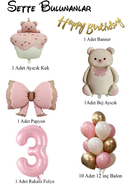 Retro 3 Yaş Ayıcık Temalı Kız Bebek Konsept Doğum Günü Seti fiyatları