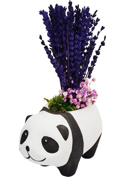 Mor Lavanta ve Cipso Tasarımı Seramik Panda Saksı Dekoratif Kuru Çiçek Hediyesi Ev Dekorasyon Home