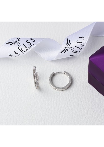 3 mm Baget Taşlı 925 Ayar Gümüş 20 mm Kadın Halka Küpe modelleri