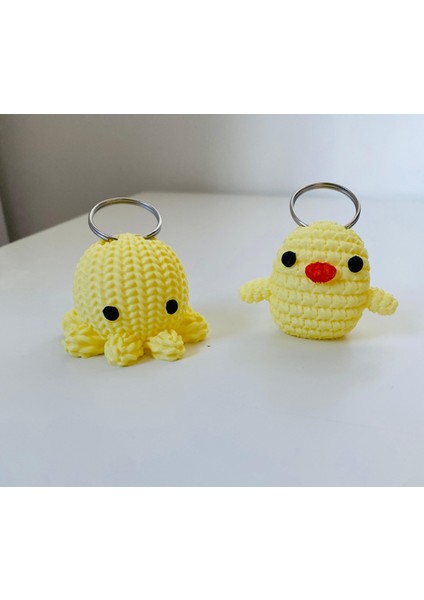 Ehlikeyif Amigurumi Görünümlü Ahtapot ve Civciv Anahtarlık (2 Adet 4-5 Cm)