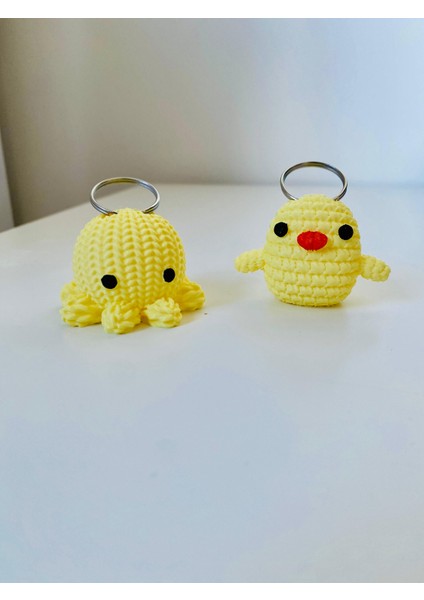 Ehlikeyif Amigurumi Görünümlü Ahtapot ve Civciv Anahtarlık (2 Adet 4-5 Cm)