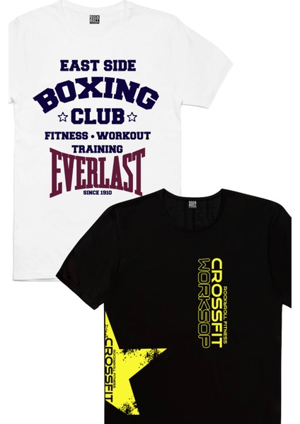 Crossfit Yıldız Siyah, Boks Kulübü Beyaz Erkek Tişört 2'li Eko Paket