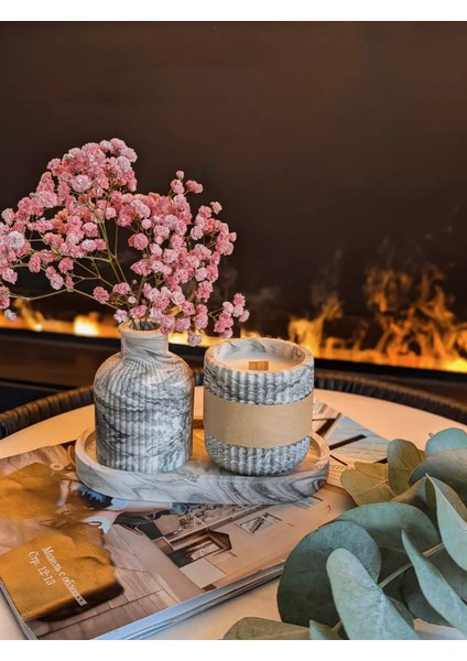 Şık ve Zarif Dekoratif Beton Vazo, Tepsi ve Mumluk Seti