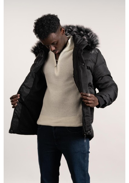 Kürklü Kapşonlu (Kürk ve Kapşon Çıkartılabilir) Içi Polarlı Slimfit Kısa Mont