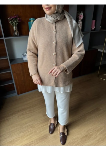Venoura Inci Düğmeli Camel Angora Hırka
