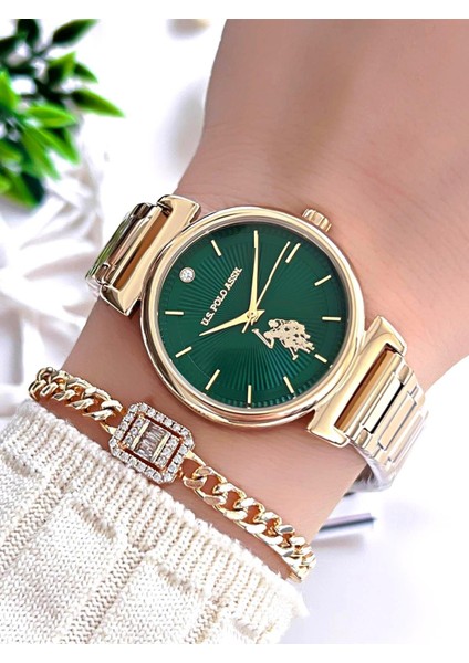 U.s.polo Assn Çelik Kordon 5 Atm Suya Dayanıklı Kadın Kol Saati+Bileklik Hediyeli USPA.2070.S04