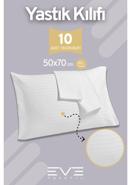 10 Adet Çizgili Pamuk Saten Antibakteriyel Fermuarlı Yıkanabilir Otel Lüks Yastık Kılıfı 50 x 70 cm