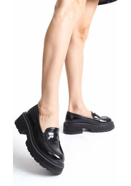 Kadın Oxford Loafer Ayakkabı Tokalı Günlük Ortopedik Iç Tabanlı - Siyah Rugan - 40