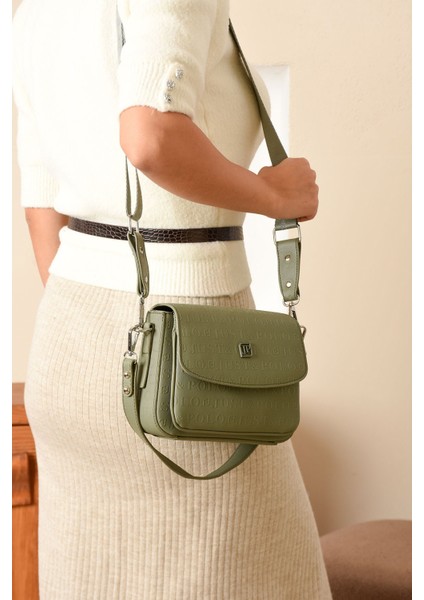 Kadın Çağla Yeşil Baskı Desenli Kolon Askılı 3 Bölmeli Omuz Çantası 23X16CM MDS2184