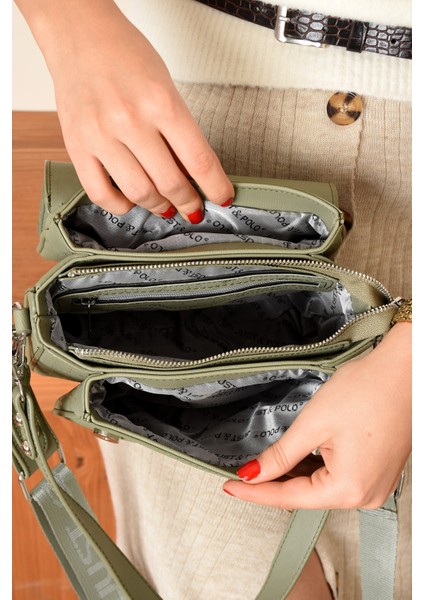 Kadın Çağla Yeşil Baskı Desenli Kolon Askılı 3 Bölmeli Omuz Çantası 23X16CM MDS2184 modelleri