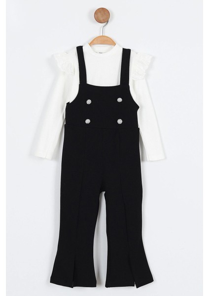 Askılı Taş Düğme Detaylı Tulum ve Fırfırlı Beyaz Bluz kız çocuk takım - Siyah