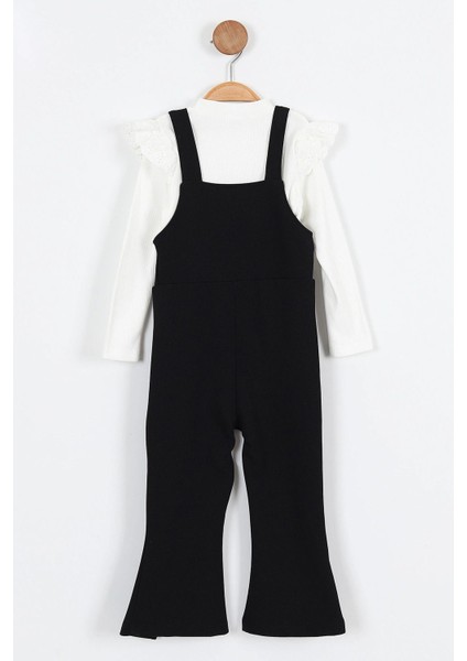 Askılı Taş Düğme Detaylı Tulum ve Fırfırlı Beyaz Bluz kız çocuk takım - Siyah fiyatları