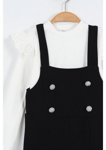 Askılı Taş Düğme Detaylı Tulum ve Fırfırlı Beyaz Bluz kız çocuk takım - Siyah modelleri