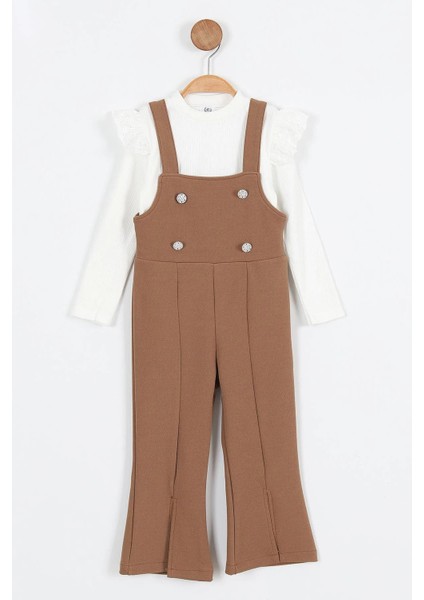 Askılı Taş Düğme Detaylı Tulum ve Fırfırlı Beyaz Bluz kız çocuk takım - Kahverengi