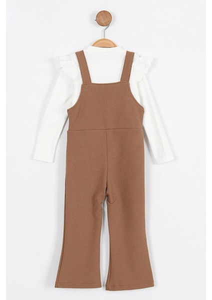 Askılı Taş Düğme Detaylı Tulum ve Fırfırlı Beyaz Bluz kız çocuk takım - Kahverengi fiyatları