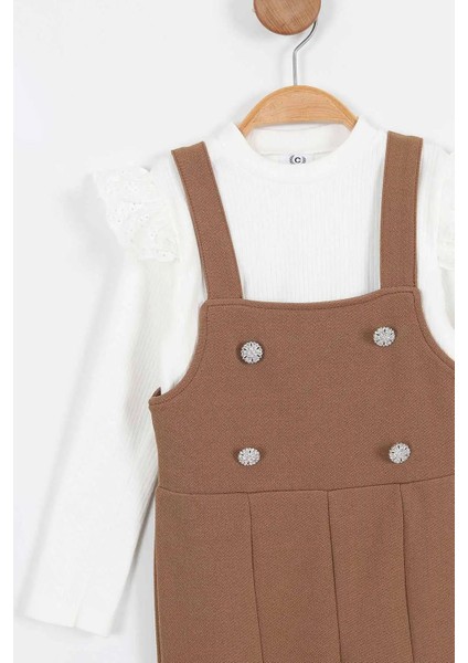Askılı Taş Düğme Detaylı Tulum ve Fırfırlı Beyaz Bluz kız çocuk takım - Kahverengi modelleri