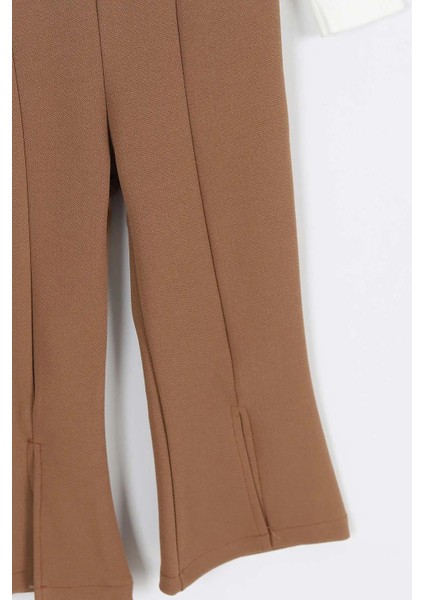 Askılı Taş Düğme Detaylı Tulum ve Fırfırlı Beyaz Bluz kız çocuk takım - Kahverengi fırsatları