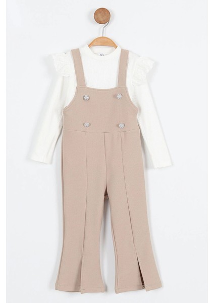 Askılı Taş Düğme Detaylı Tulum ve Fırfırlı Beyaz Bluz kız çocuk takım - Bej