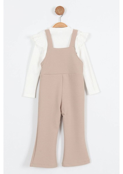 Askılı Taş Düğme Detaylı Tulum ve Fırfırlı Beyaz Bluz kız çocuk takım - Bej fiyatları