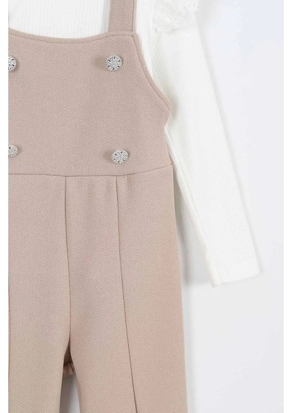 Askılı Taş Düğme Detaylı Tulum ve Fırfırlı Beyaz Bluz kız çocuk takım - Bej modelleri