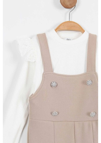 Askılı Taş Düğme Detaylı Tulum ve Fırfırlı Beyaz Bluz kız çocuk takım - Bej fırsatları